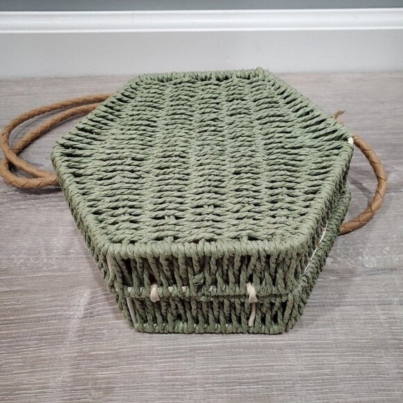 Mali + Lili Green Rattan Wicker Crossbody Bag Floral Lining Hexagon Shape - Picture 6 of 16